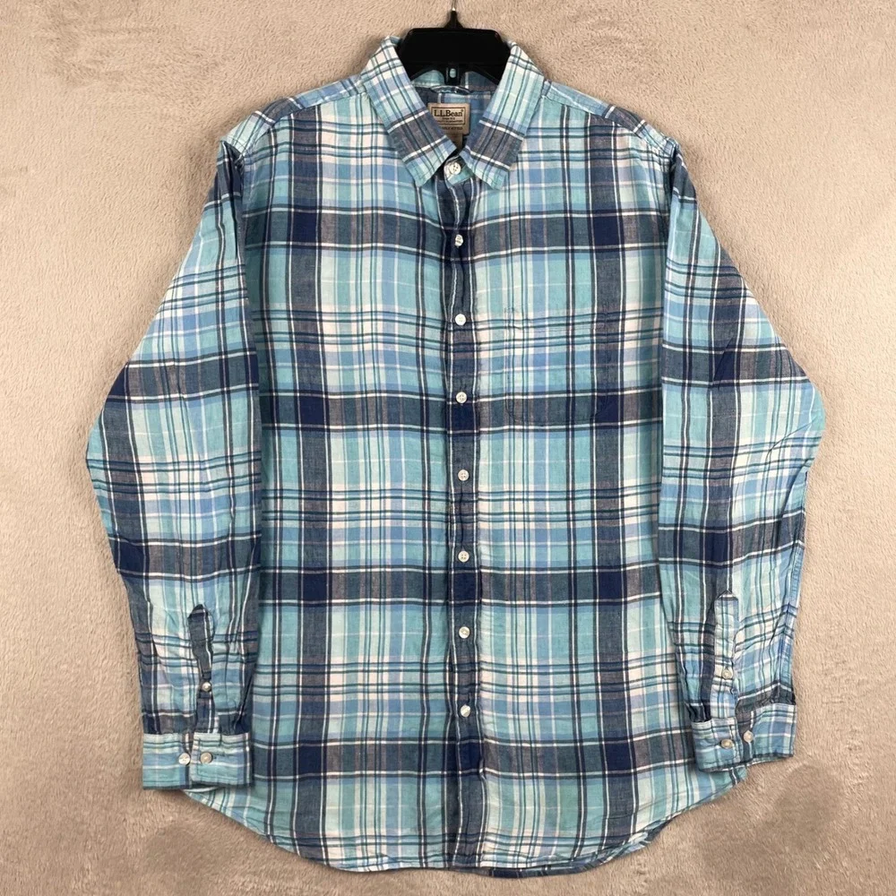LL Bean Shirt Men LT Large Tall Blue Plaid 100% Linen Slightly Fitted Button Up - Picture 2 of 12